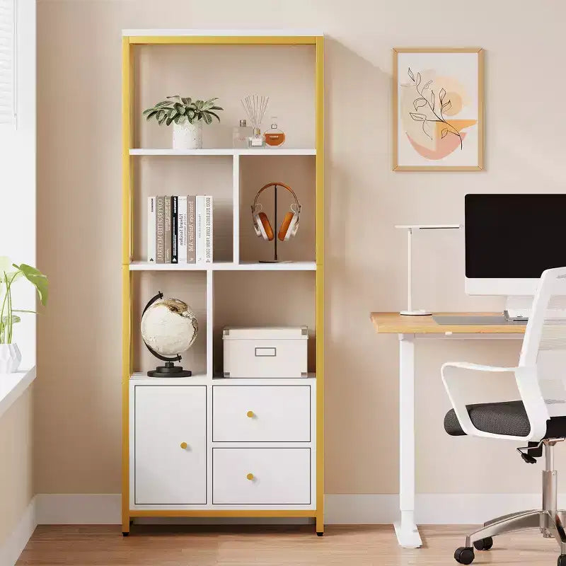 62 Gold Bookshelf with Metal Frame, 3 Drawers & Door, 4-Tier White Gold Bookcase for Office Living Room