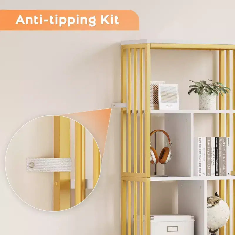 62 Gold Bookshelf with Metal Frame, 3 Drawers & Door, 4-Tier White Gold Bookcase for Office Living Room