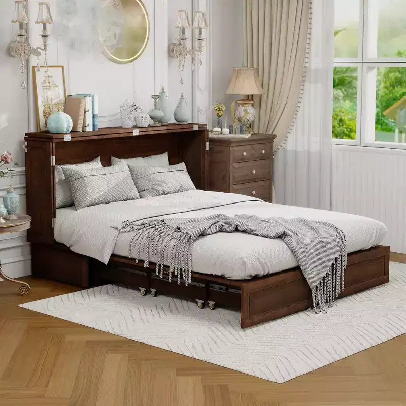 Keloyid Haimyy Solid Wood Frame Queen Murphy Bed Chest with Built-in Charger and Strong Drawer