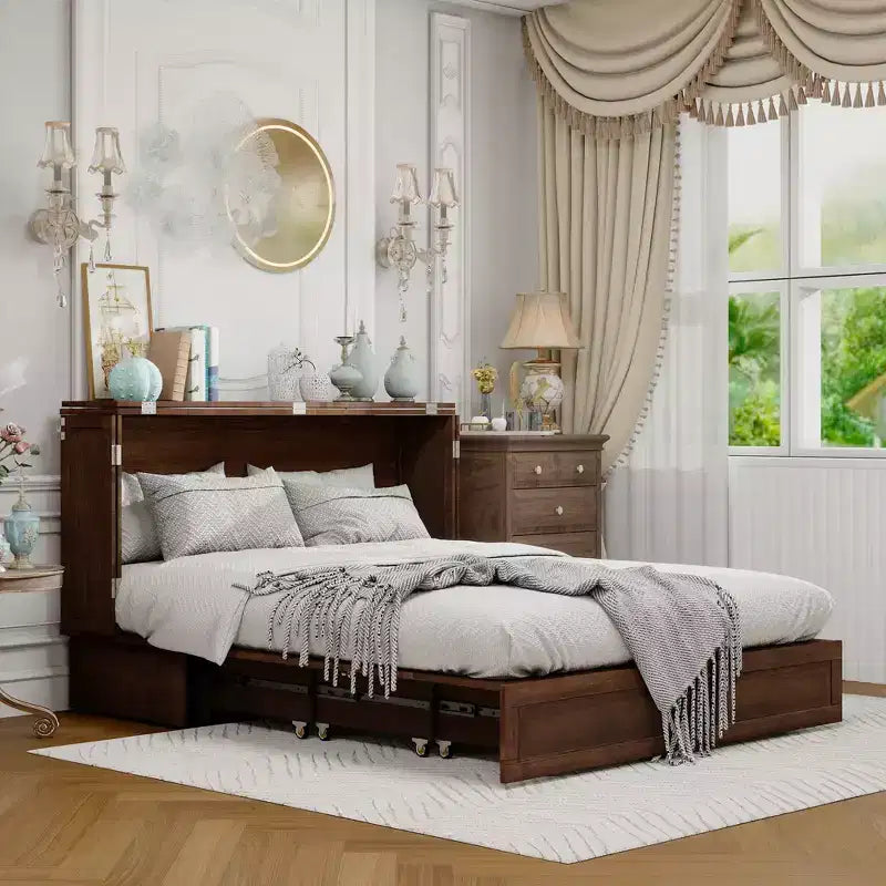 Keloyid Haimyy Solid Wood Frame Queen Murphy Bed Chest with Built-in Charger and Strong Drawer