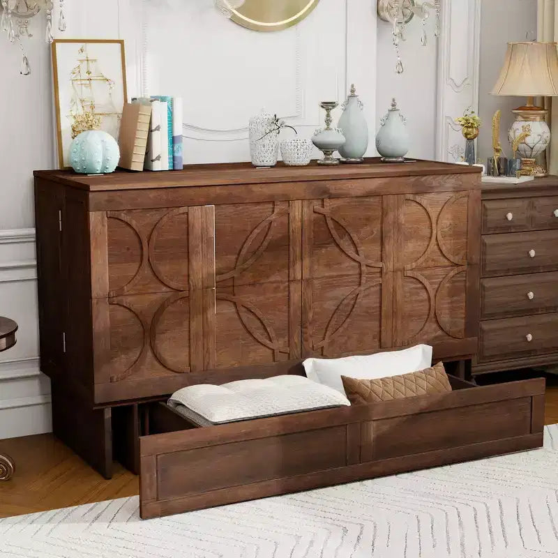 Keloyid Haimyy Solid Wood Frame Queen Murphy Bed Chest with Built-in Charger and Strong Drawer