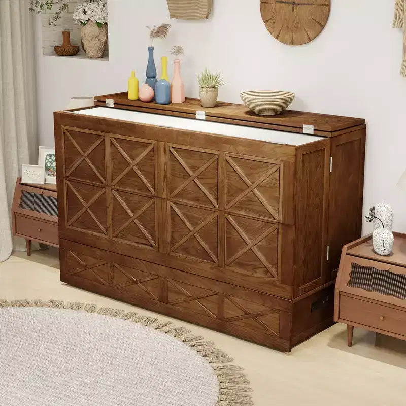 Keloyid Haimyy Solid Wood Frame Queen Murphy Bed Chest with Built-in Charger and Strong Drawer