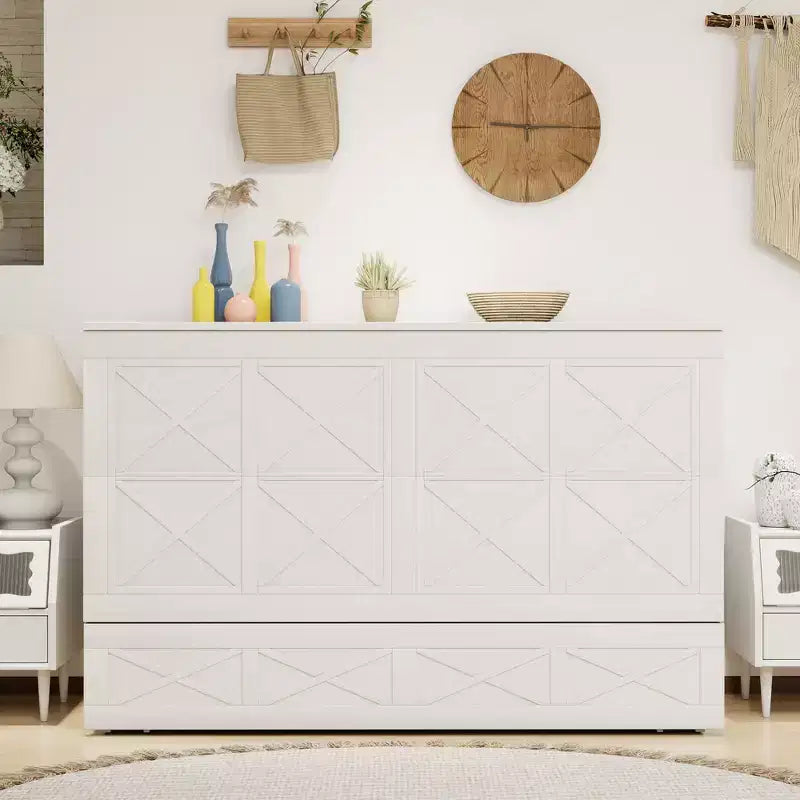 Keloyid Haimyy Solid Wood Frame Queen Murphy Bed Chest with Built-in Charger and Strong Drawer