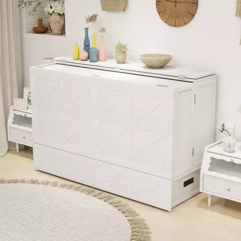 Keloyid Haimyy Solid Wood Frame Queen Murphy Bed Chest with Built-in Charger and Strong Drawer
