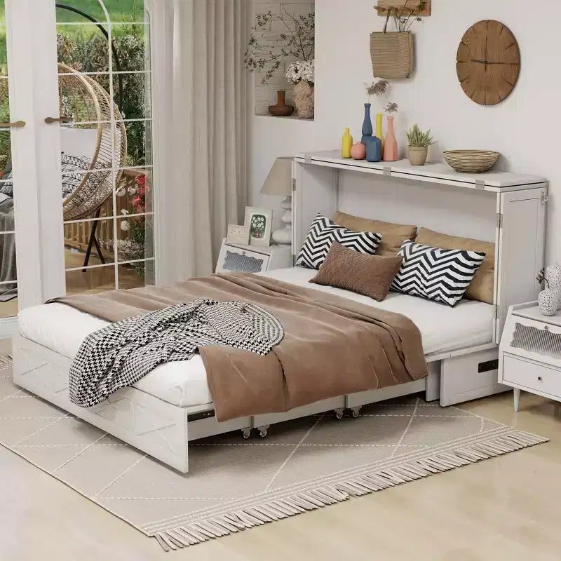 Keloyid Haimyy Solid Wood Frame Queen Murphy Bed Chest with Built-in Charger and Strong Drawer