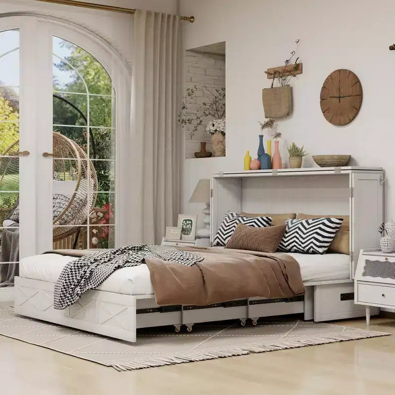 Keloyid Haimyy Solid Wood Frame Queen Murphy Bed Chest with Built-in Charger and Strong Drawer