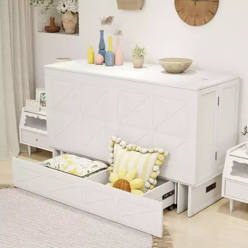 Keloyid Haimyy Solid Wood Frame Queen Murphy Bed Chest with Built-in Charger and Strong Drawer