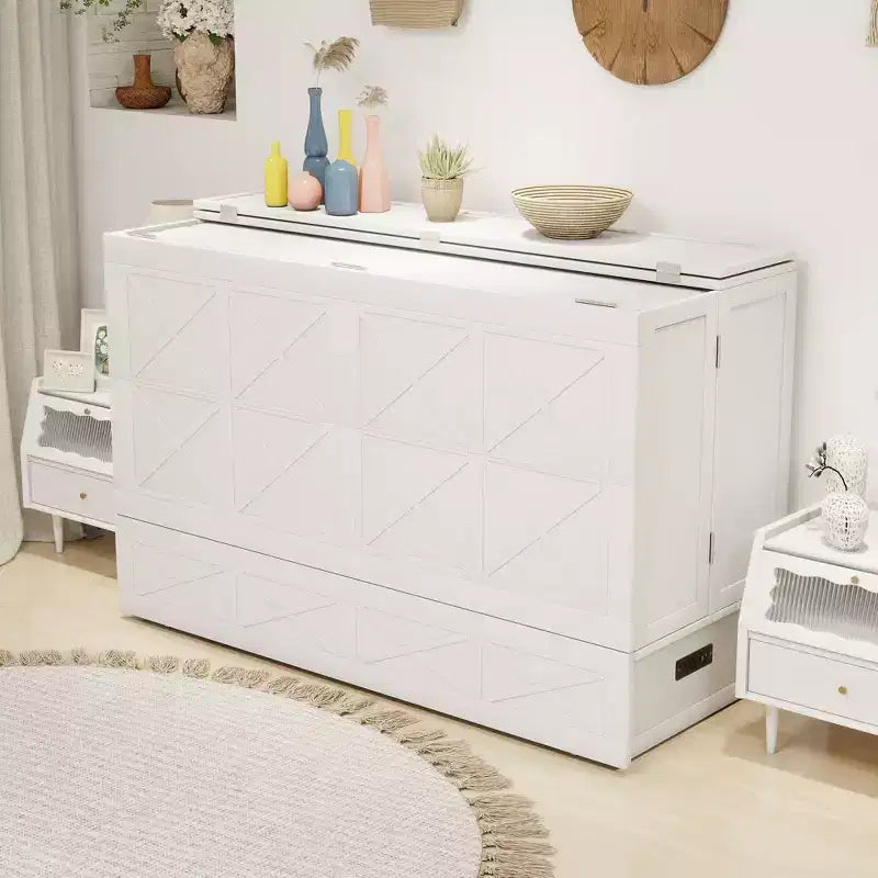 Keloyid Haimyy Solid Wood Frame Queen Murphy Bed Chest with Built-in Charger and Strong Drawer