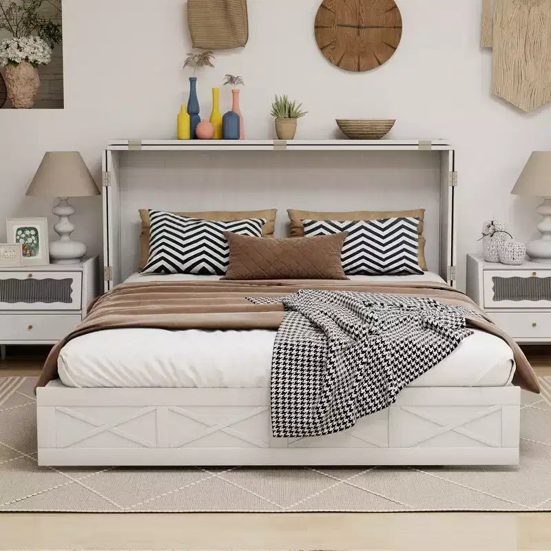 Keloyid Haimyy Solid Wood Frame Queen Murphy Bed Chest with Built-in Charger and Strong Drawer