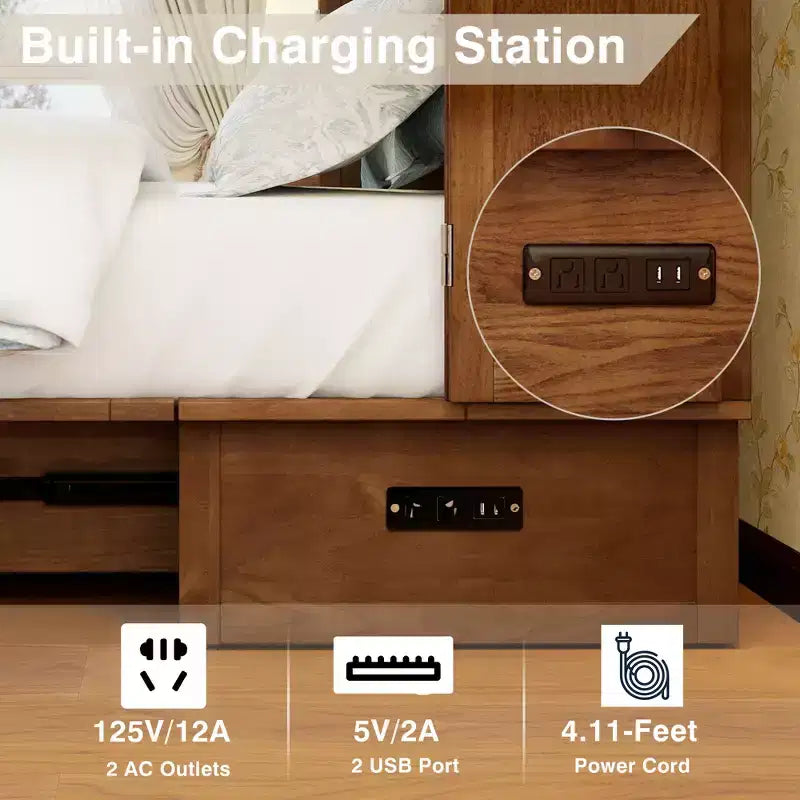 Keloyid Haimyy Solid Wood Frame Queen Murphy Bed Chest with Built-in Charger and Strong Drawer