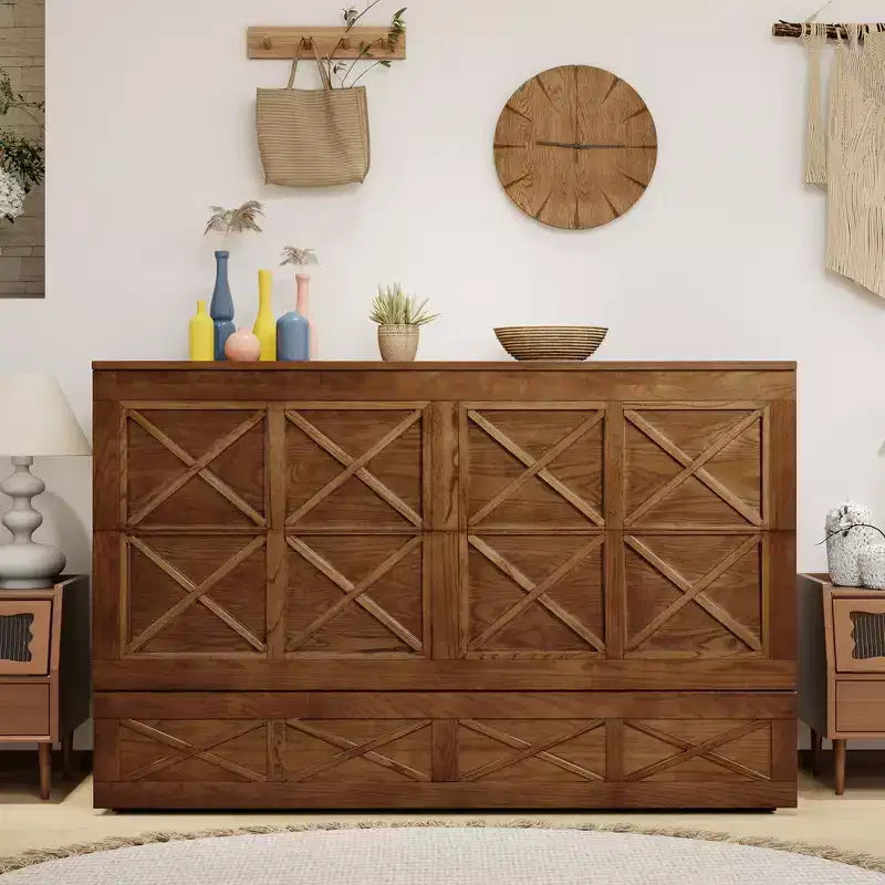 Keloyid Haimyy Solid Wood Frame Queen Murphy Bed Chest with Built-in Charger and Strong Drawer
