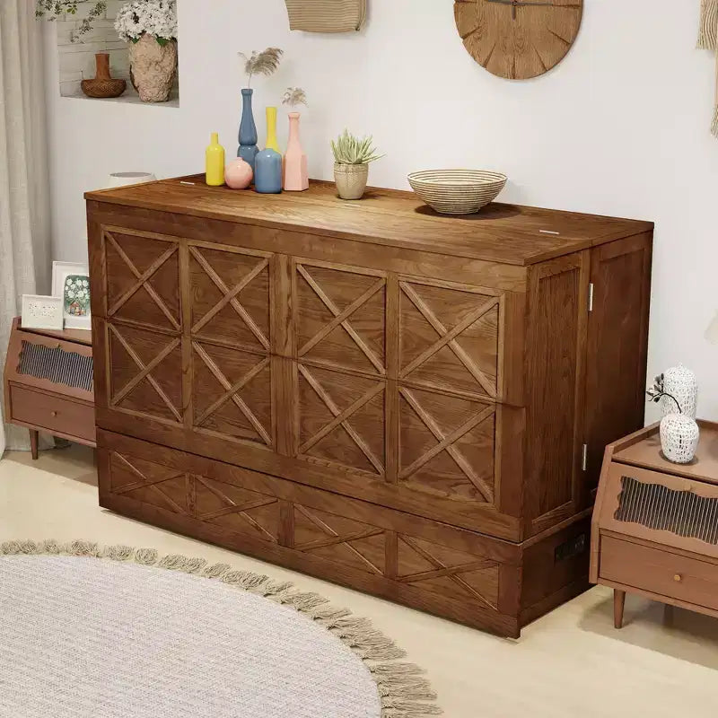 Keloyid Haimyy Solid Wood Frame Queen Murphy Bed Chest with Built-in Charger and Strong Drawer