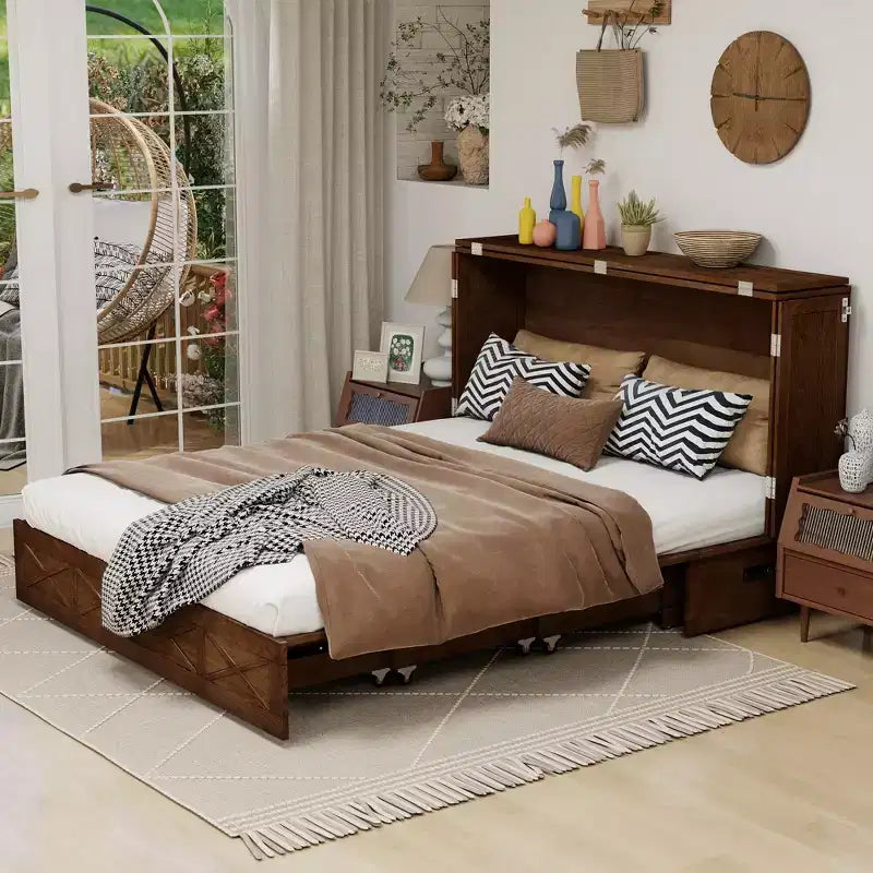 Keloyid Haimyy Solid Wood Frame Queen Murphy Bed Chest with Built-in Charger and Strong Drawer