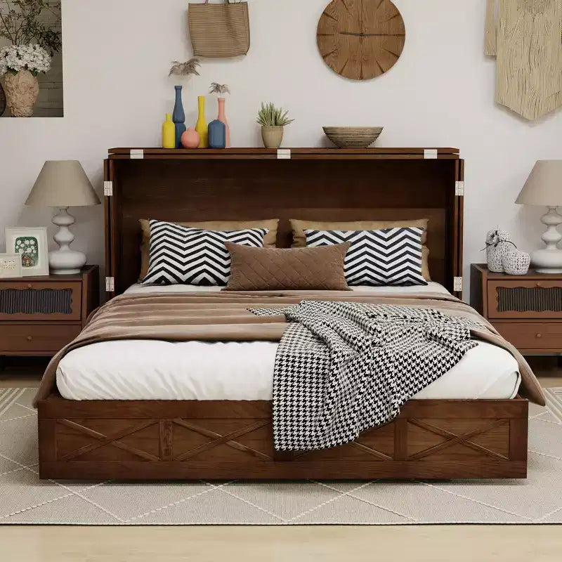 Keloyid Haimyy Solid Wood Frame Queen Murphy Bed Chest with Built-in Charger and Strong Drawer