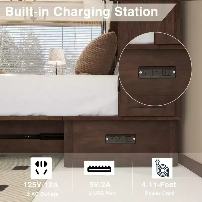 Keloyid Haimyy Solid Wood Frame Queen Murphy Bed Chest with Built-in Charger and Strong Drawer