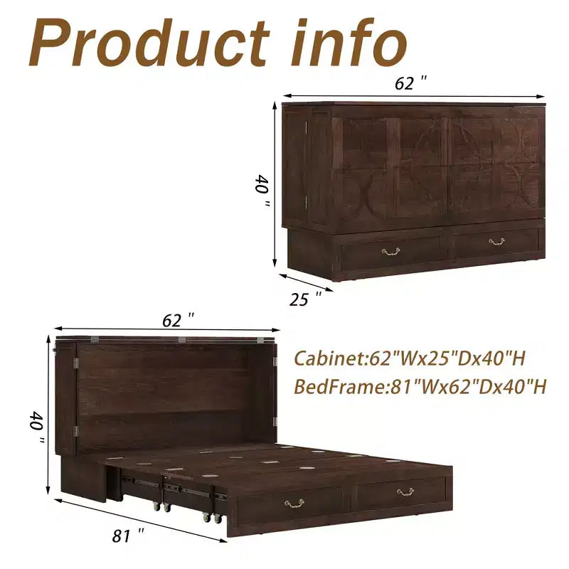 Keloyid Haimyy Solid Wood Frame Queen Murphy Bed Chest with Built-in Charger and Strong Drawer