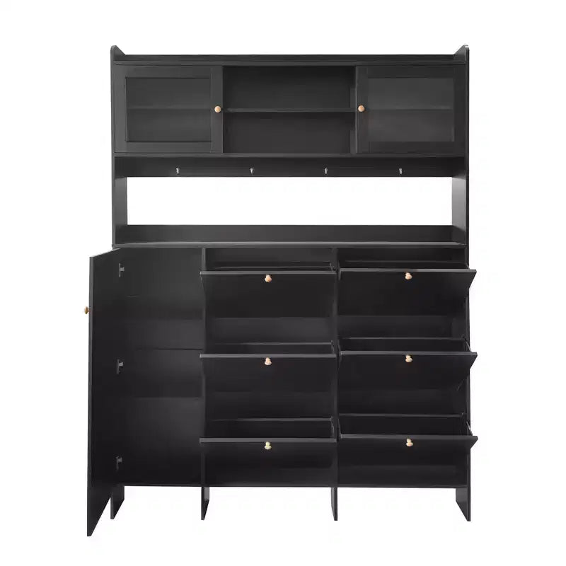 Whisen Tipping Bucket Shoe Cabinet with Storage Shelf and 6 Flip Drawers, Large Hall Tree with Tempered Glass Doors and 4 Hooks