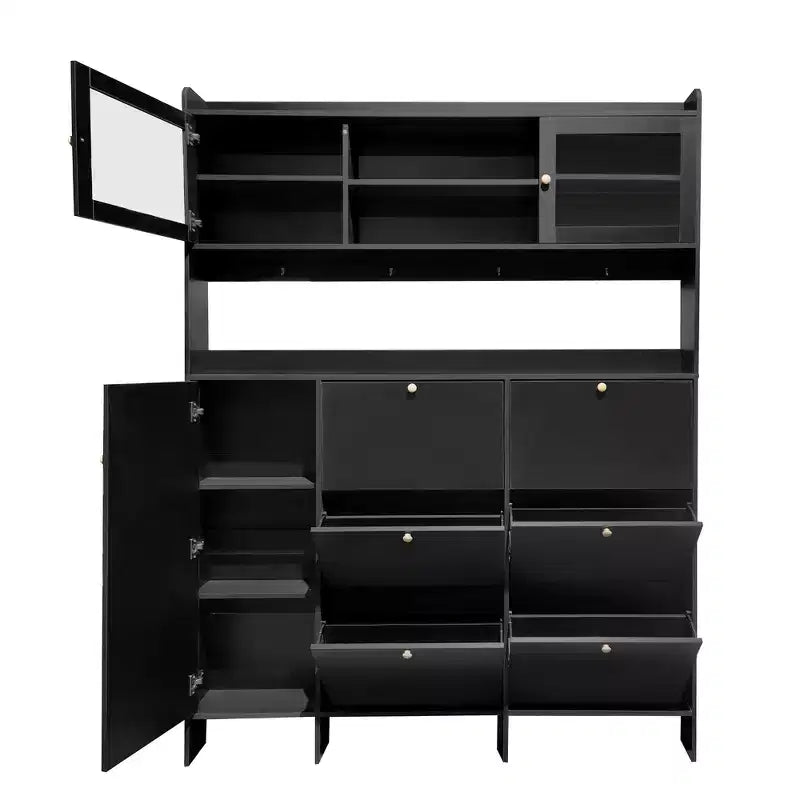 Whisen Tipping Bucket Shoe Cabinet with Storage Shelf and 6 Flip Drawers, Large Hall Tree with Tempered Glass Doors and 4 Hooks