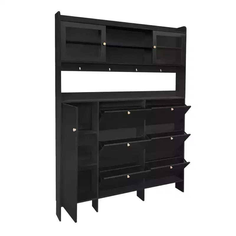 Whisen Tipping Bucket Shoe Cabinet with Storage Shelf and 6 Flip Drawers, Large Hall Tree with Tempered Glass Doors and 4 Hooks