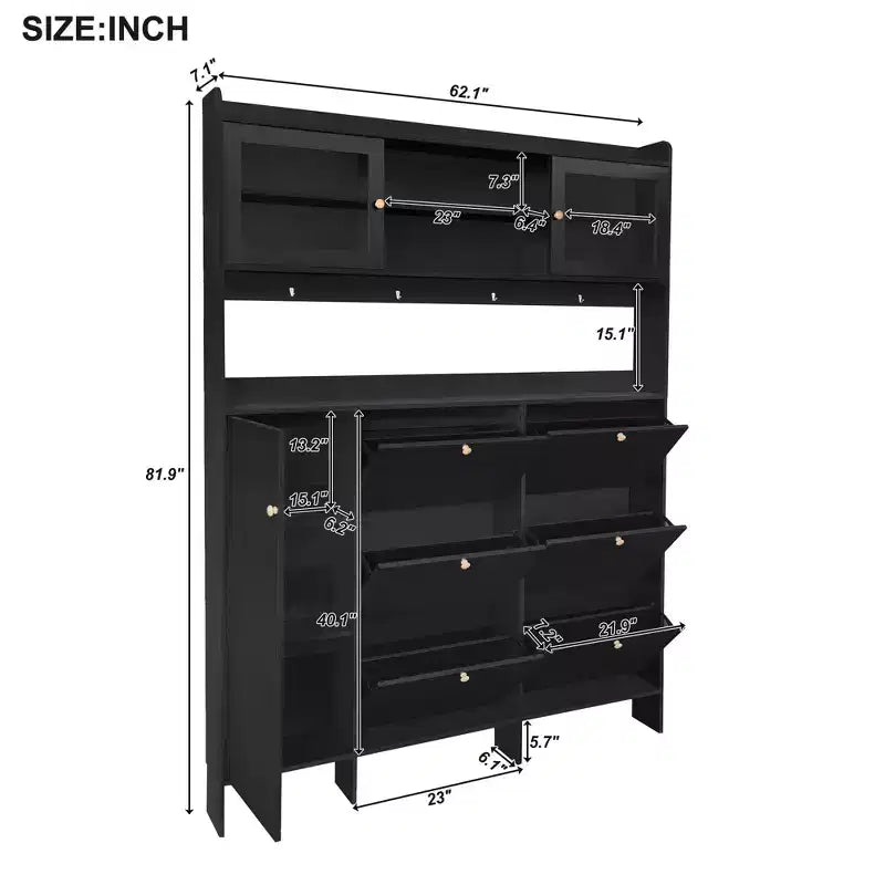 Whisen Tipping Bucket Shoe Cabinet with Storage Shelf and 6 Flip Drawers, Large Hall Tree with Tempered Glass Doors and 4 Hooks
