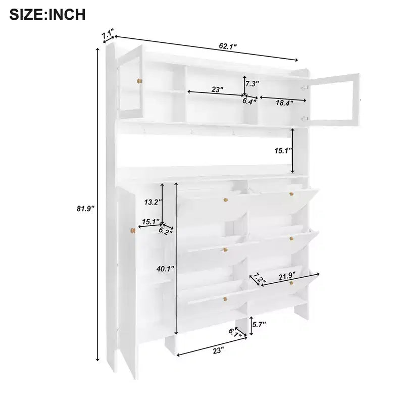Whisen Tipping Bucket Shoe Cabinet with Storage Shelf and 6 Flip Drawers, Large Hall Tree with Tempered Glass Doors and 4 Hooks