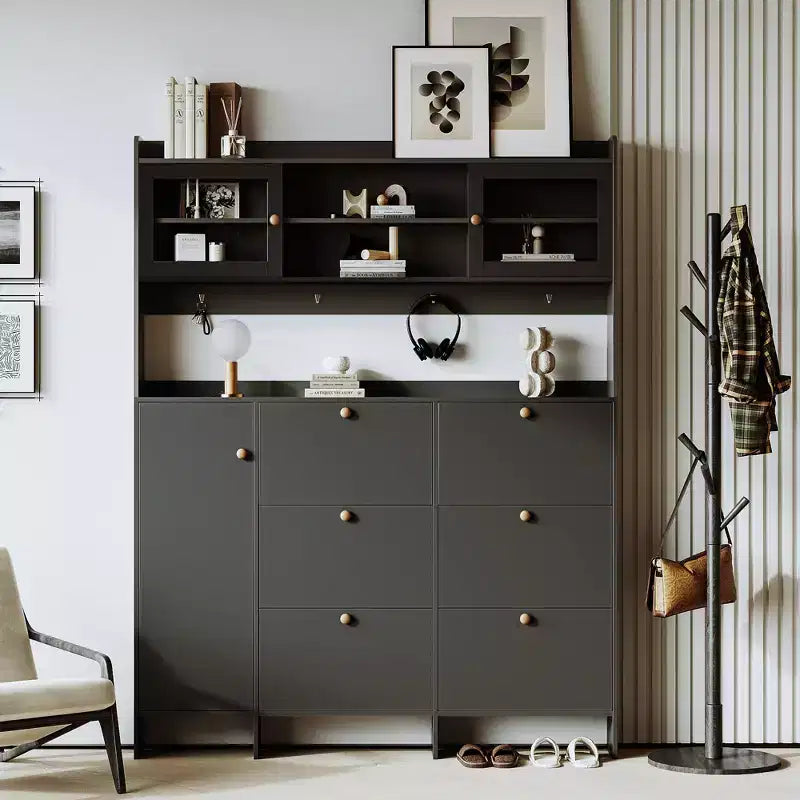 Whisen Tipping Bucket Shoe Cabinet with Storage Shelf and 6 Flip Drawers, Large Hall Tree with Tempered Glass Doors and 4 Hooks