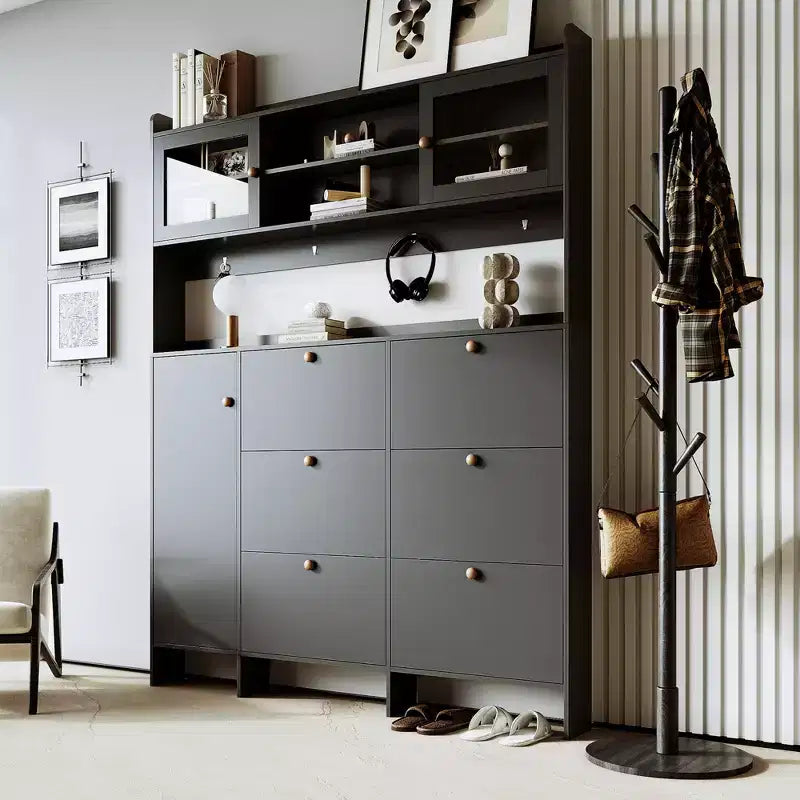 Whisen Tipping Bucket Shoe Cabinet with Storage Shelf and 6 Flip Drawers, Large Hall Tree with Tempered Glass Doors and 4 Hooks