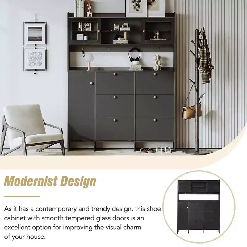 Whisen Tipping Bucket Shoe Cabinet with Storage Shelf and 6 Flip Drawers, Large Hall Tree with Tempered Glass Doors and 4 Hooks