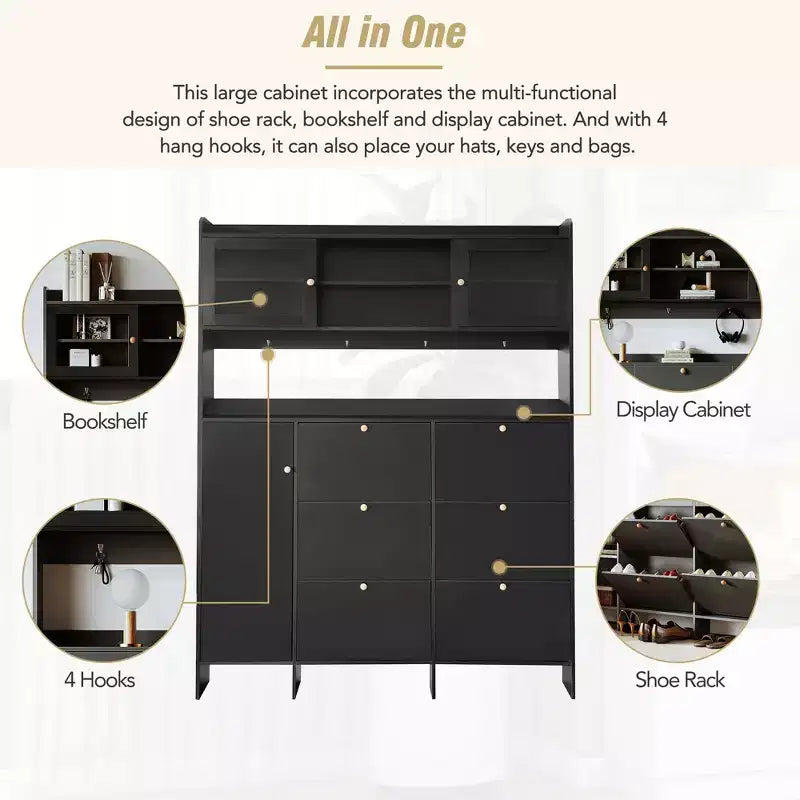 Whisen Tipping Bucket Shoe Cabinet with Storage Shelf and 6 Flip Drawers, Large Hall Tree with Tempered Glass Doors and 4 Hooks