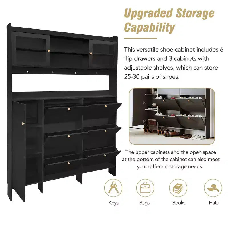 Whisen Tipping Bucket Shoe Cabinet with Storage Shelf and 6 Flip Drawers, Large Hall Tree with Tempered Glass Doors and 4 Hooks