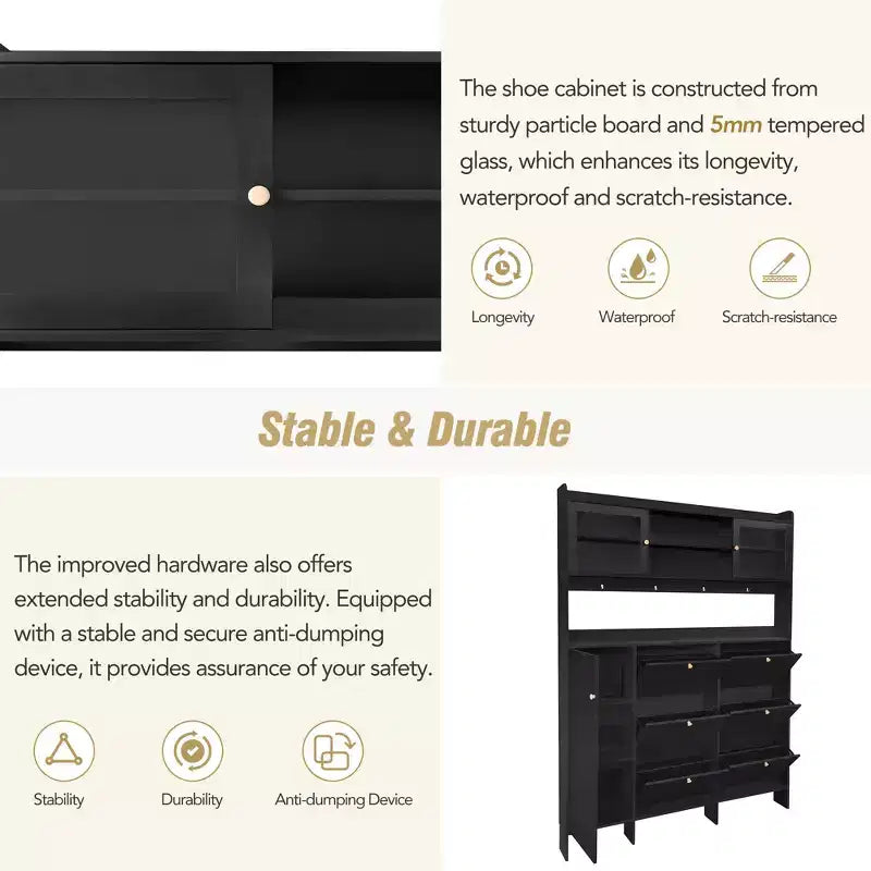 Whisen Tipping Bucket Shoe Cabinet with Storage Shelf and 6 Flip Drawers, Large Hall Tree with Tempered Glass Doors and 4 Hooks