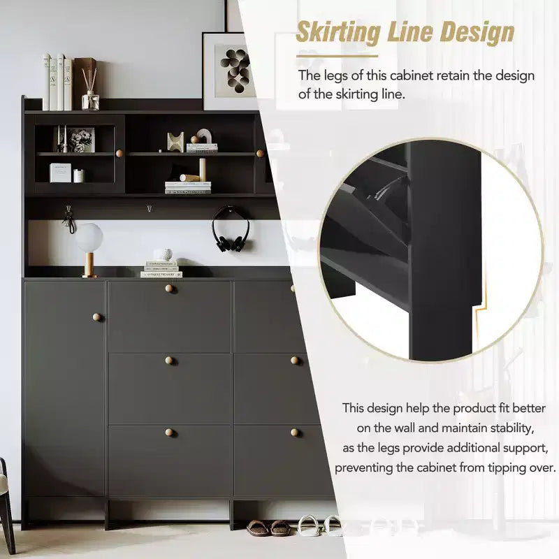 Whisen Tipping Bucket Shoe Cabinet with Storage Shelf and 6 Flip Drawers, Large Hall Tree with Tempered Glass Doors and 4 Hooks