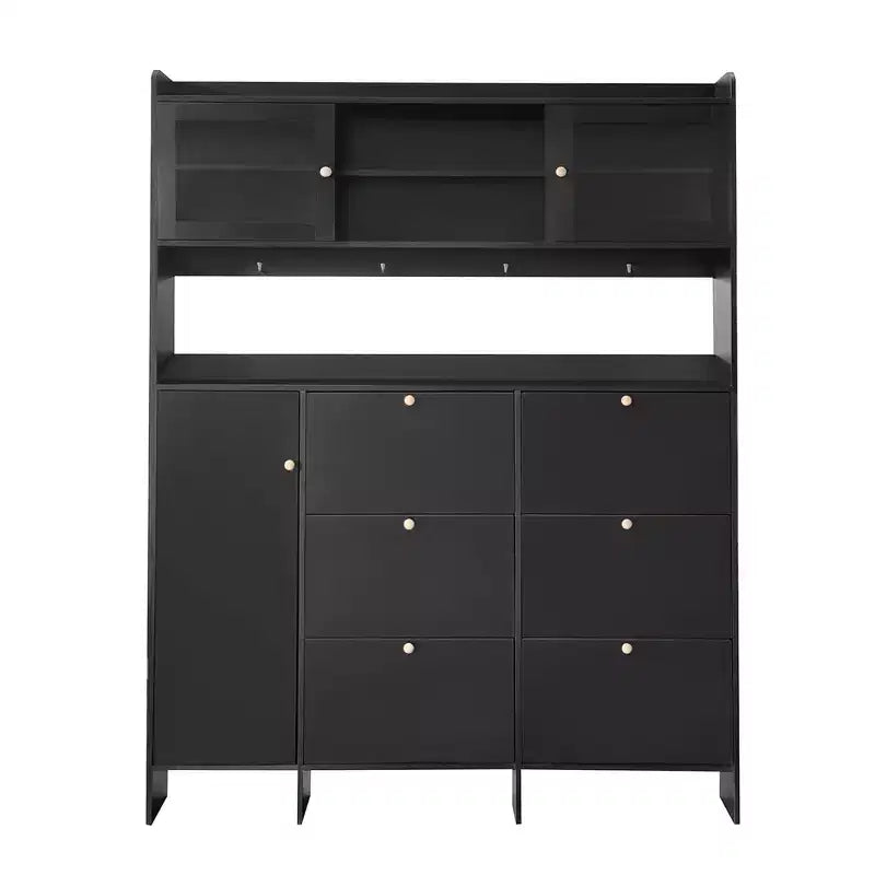 Whisen Tipping Bucket Shoe Cabinet with Storage Shelf and 6 Flip Drawers, Large Hall Tree with Tempered Glass Doors and 4 Hooks