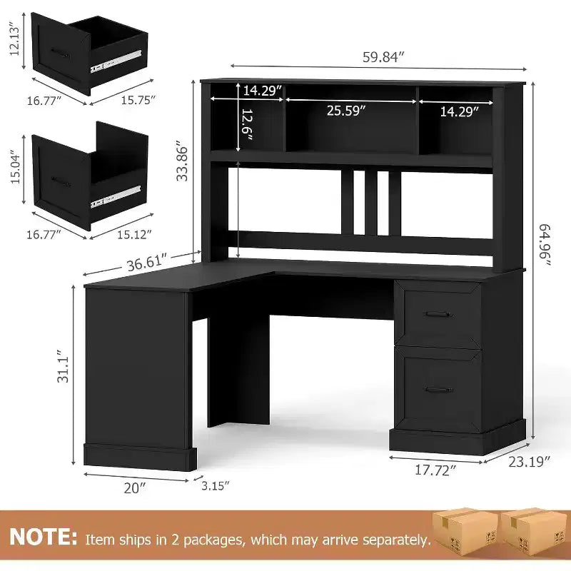 Zevemomo 60 L Shaped Desk with Hutch and Drawers, Corner Computer Desk with Open Storage Shelves,for Home Office or Bedroom, Modern Black