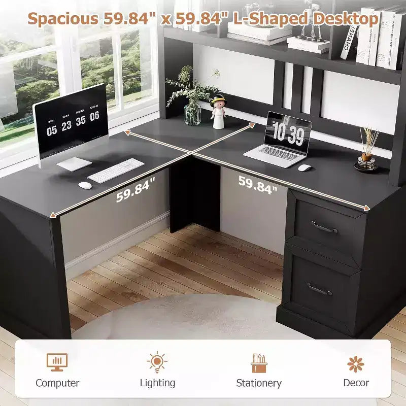 Zevemomo 60 L Shaped Desk with Hutch and Drawers, Corner Computer Desk with Open Storage Shelves,for Home Office or Bedroom, Modern Black