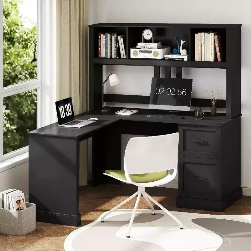 Zevemomo 60 L Shaped Desk with Hutch and Drawers, Corner Computer Desk with Open Storage Shelves,for Home Office or Bedroom, Modern Black