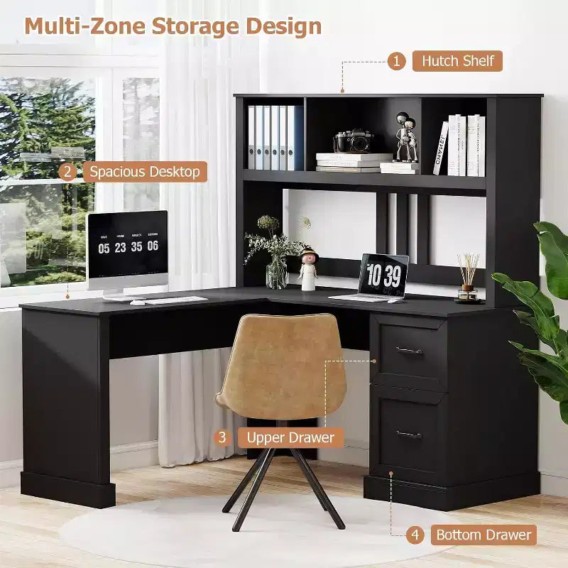 Zevemomo 60 L Shaped Desk with Hutch and Drawers, Corner Computer Desk with Open Storage Shelves,for Home Office or Bedroom, Modern Black