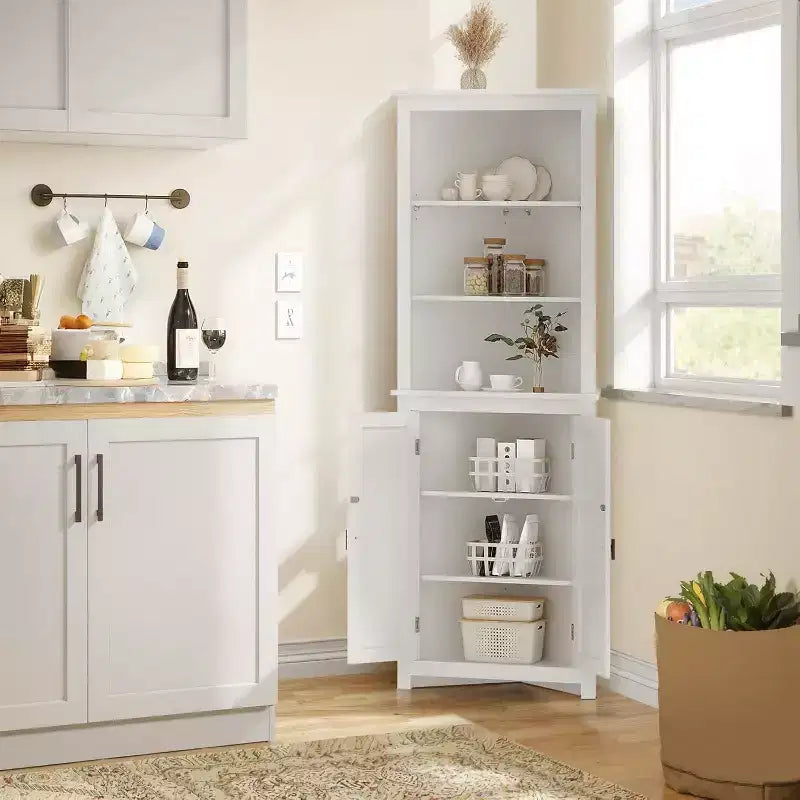 Rattan Corner Wine Cabinet with Adjustable Shelves - Farmhouse Freestanding Storage for Kitchen, Living Room