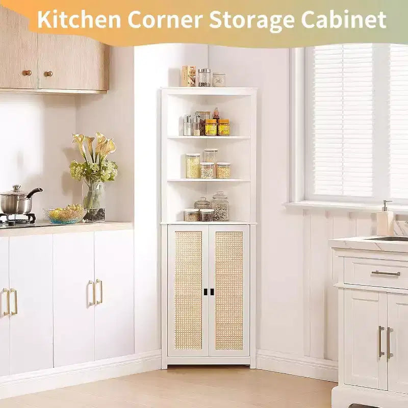 Rattan Corner Wine Cabinet with Adjustable Shelves - Farmhouse Freestanding Storage for Kitchen, Living Room