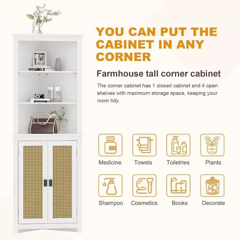 Rattan Corner Wine Cabinet with Adjustable Shelves - Farmhouse Freestanding Storage for Kitchen, Living Room