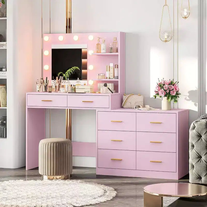 61 Make Up Vanity Desk, 3 Lighting Modes with Adjustable Brightness, Vanity with 8 Wide Storage Drawers & 2 Tier Shelves for Bedroom