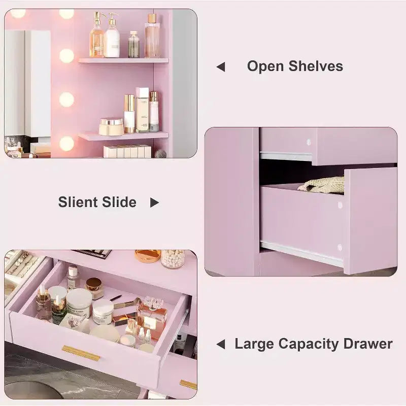 61 Make Up Vanity Desk, 3 Lighting Modes with Adjustable Brightness, Vanity with 8 Wide Storage Drawers & 2 Tier Shelves for Bedroom