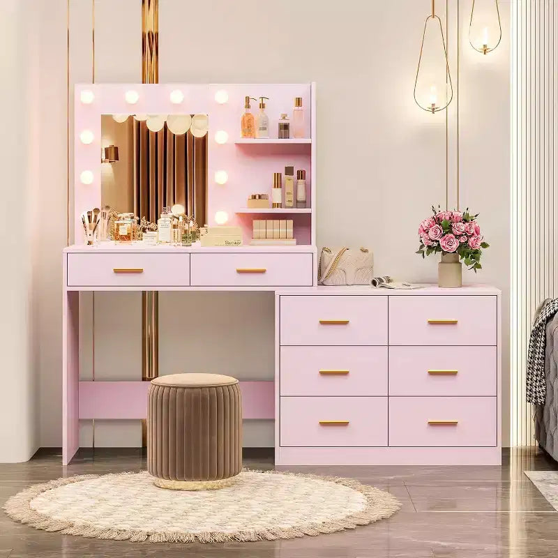 61 Make Up Vanity Desk, 3 Lighting Modes with Adjustable Brightness, Vanity with 8 Wide Storage Drawers & 2 Tier Shelves for Bedroom
