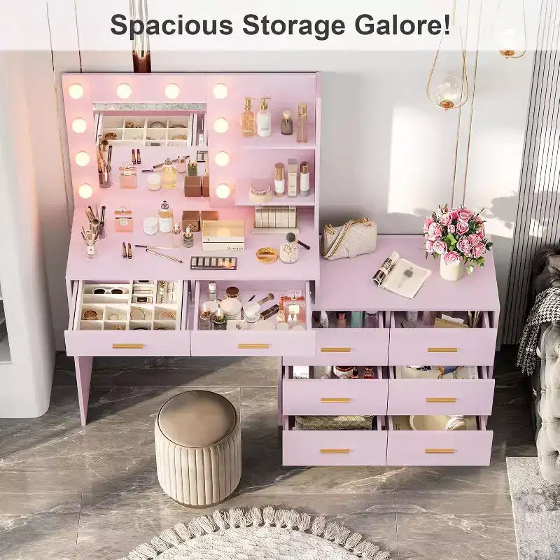 61 Make Up Vanity Desk, 3 Lighting Modes with Adjustable Brightness, Vanity with 8 Wide Storage Drawers & 2 Tier Shelves for Bedroom