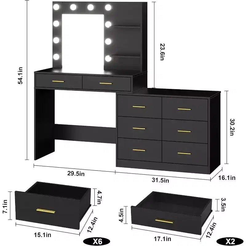 61 Make Up Vanity Desk, 3 Lighting Modes with Adjustable Brightness, Vanity with 8 Wide Storage Drawers & 2 Tier Shelves for Bedroom
