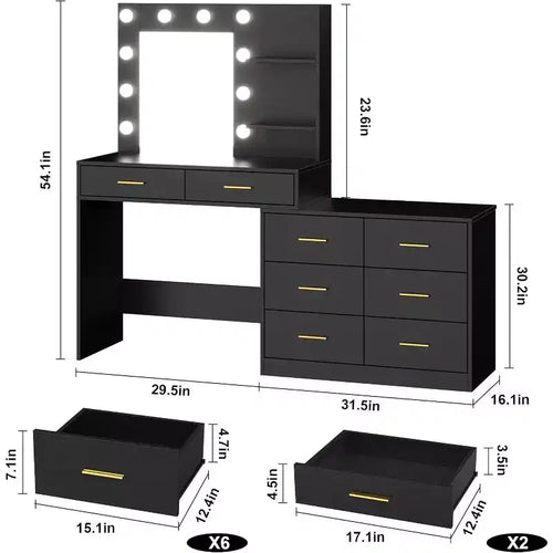 61 Make Up Vanity Desk, 3 Lighting Modes with Adjustable Brightness, Vanity with 8 Wide Storage Drawers & 2 Tier Shelves for Bedroom