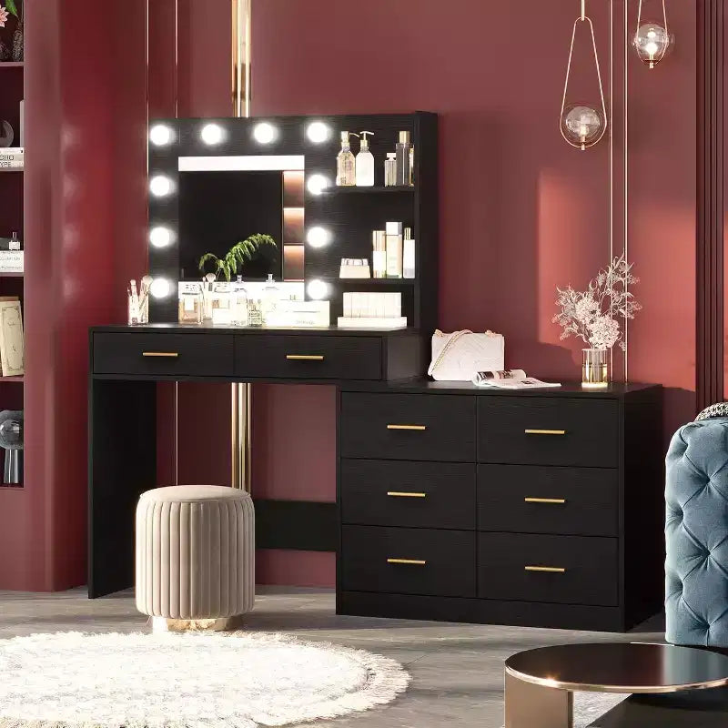 61 Make Up Vanity Desk, 3 Lighting Modes with Adjustable Brightness, Vanity with 8 Wide Storage Drawers & 2 Tier Shelves for Bedroom