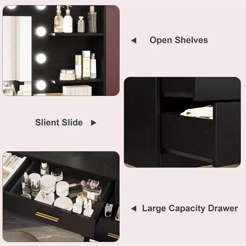 61 Make Up Vanity Desk, 3 Lighting Modes with Adjustable Brightness, Vanity with 8 Wide Storage Drawers & 2 Tier Shelves for Bedroom