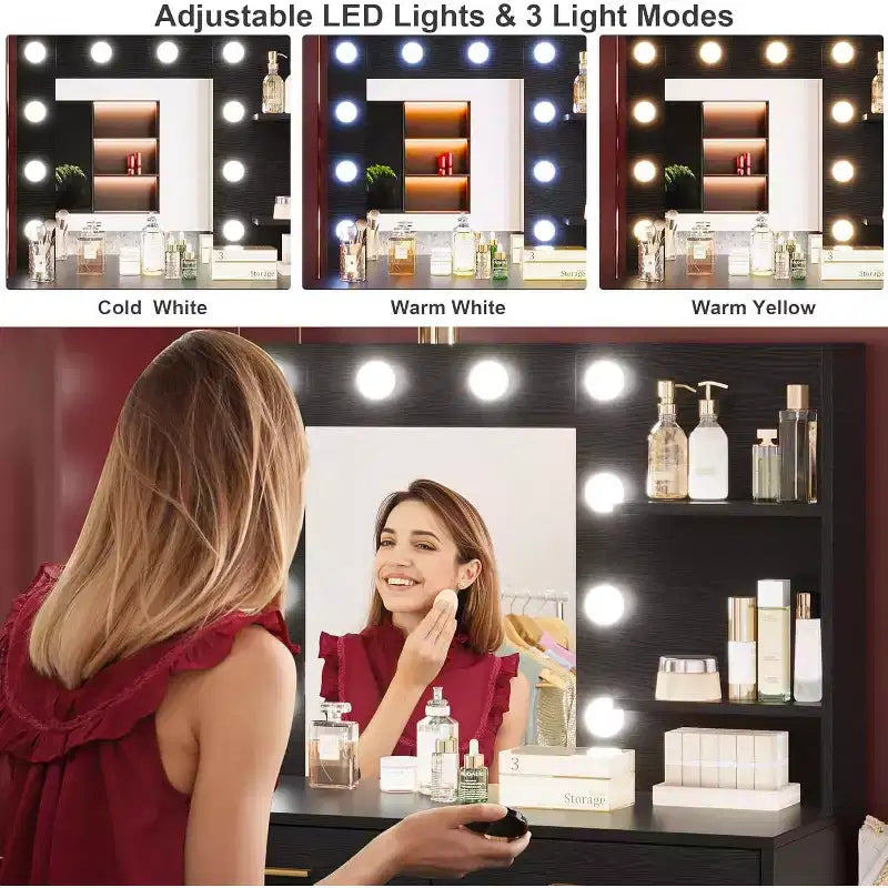 61 Make Up Vanity Desk, 3 Lighting Modes with Adjustable Brightness, Vanity with 8 Wide Storage Drawers & 2 Tier Shelves for Bedroom