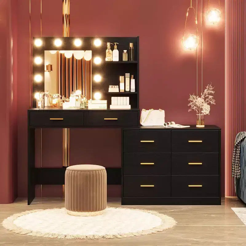 61 Make Up Vanity Desk, 3 Lighting Modes with Adjustable Brightness, Vanity with 8 Wide Storage Drawers & 2 Tier Shelves for Bedroom
